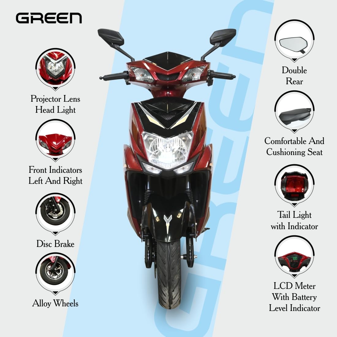 Green Invicta Low Speed Electric Scooter Non RTO 60KM Range Red with Portable Charger 