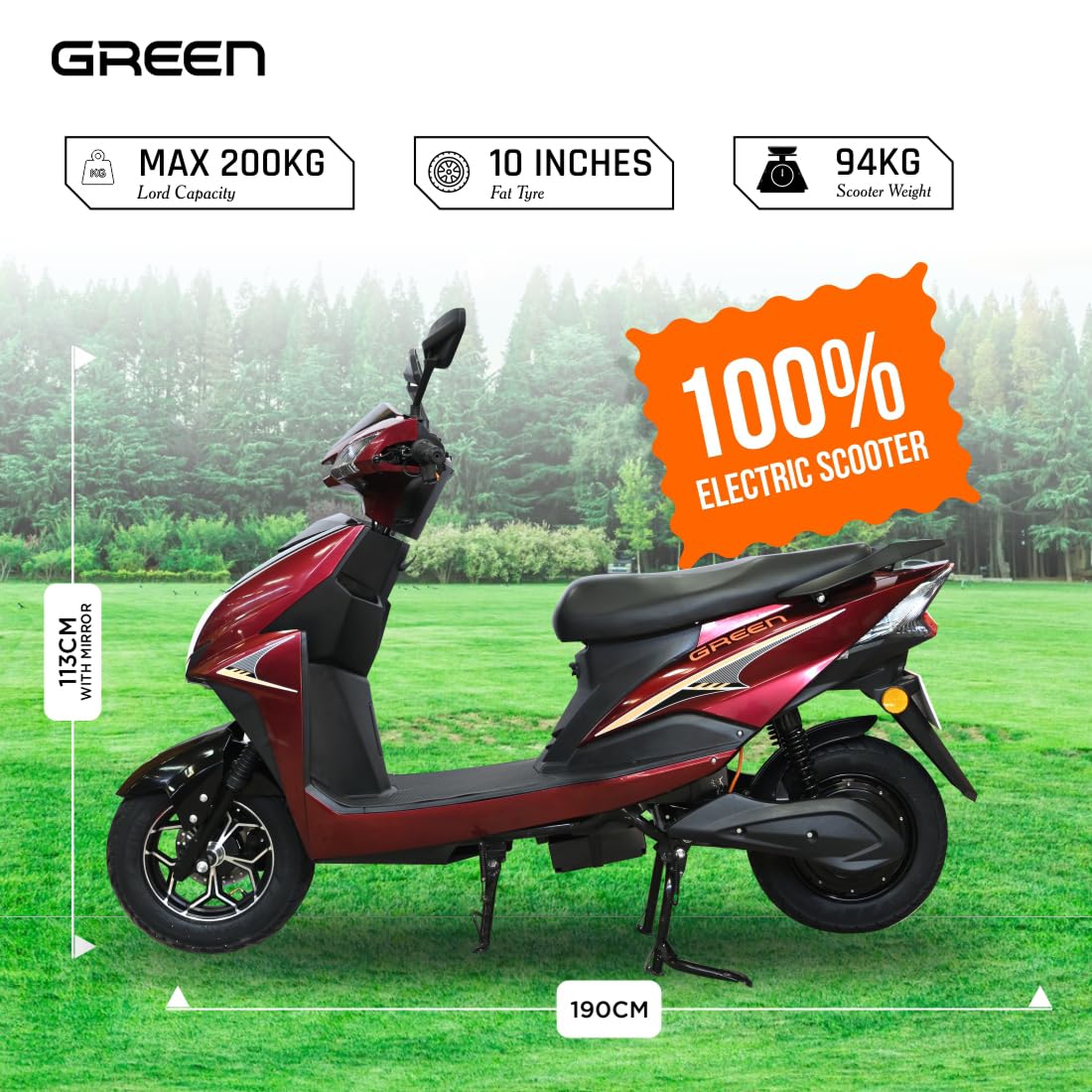 Green Invicta Low Speed Electric Scooter Non RTO 60KM Range Red with Portable Charger 