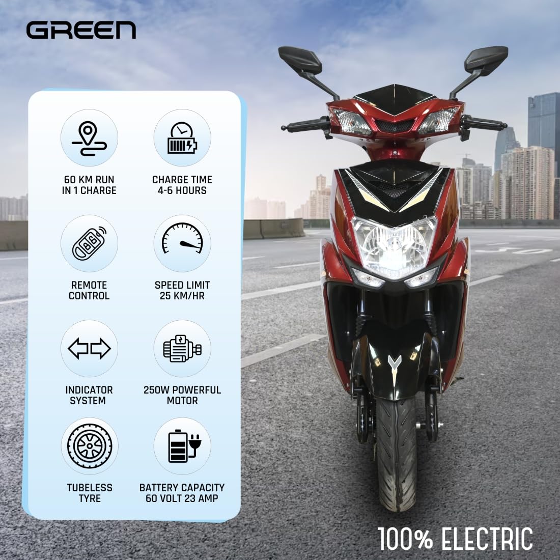 Green Invicta Low Speed Electric Scooter Non RTO 60KM Range Red with Portable Charger 