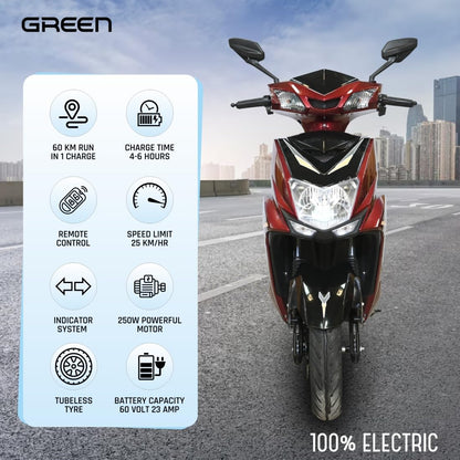 Green Invicta Low Speed Electric Scooter Non RTO 60KM Range Red with Portable Charger 