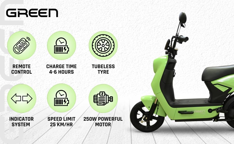 Green Sunny Low Speed Electric Scooter Non RTO 60KM Range Light Green with Portable Charger 