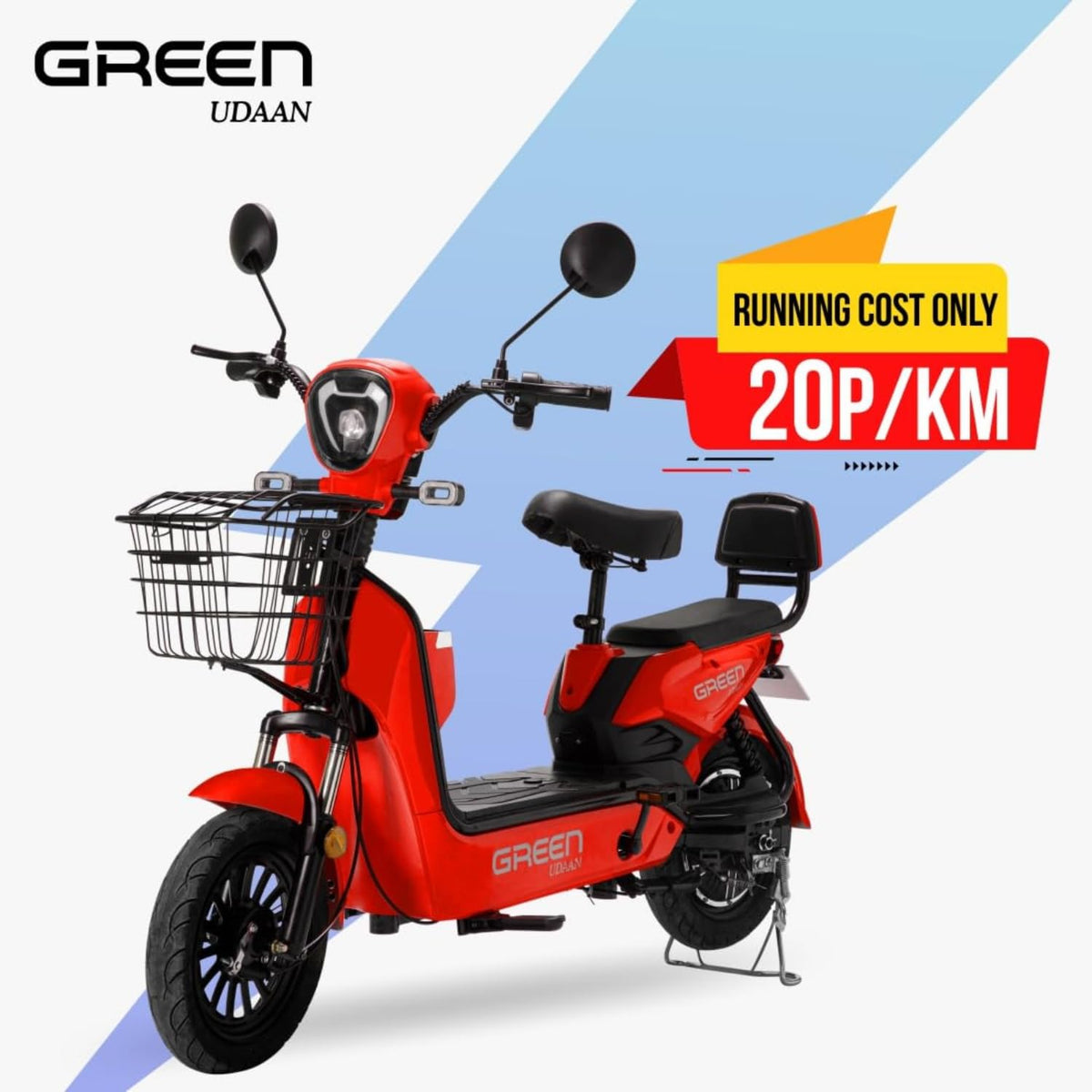 Green Udaan Low Speed Electric Scooter Non RTO 30KM Range Red with Portable Charger 