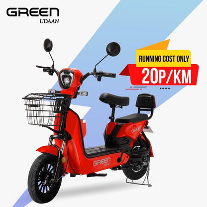 Green Udaan Low Speed Electric Scooter Non RTO 30KM Range Red with Portable Charger 