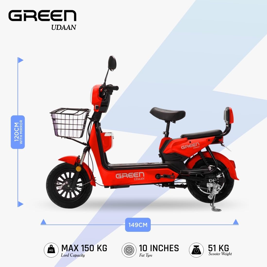Green Udaan Low Speed Electric Scooter Non RTO 30KM Range Red with Portable Charger 