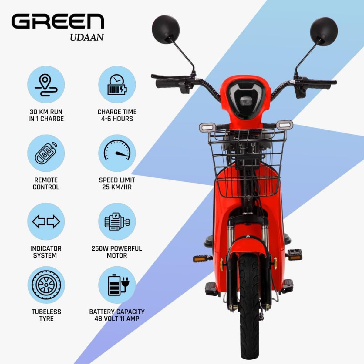 Green Udaan Low Speed Electric Scooter Non RTO 30KM Range Red with Portable Charger 