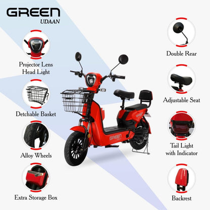Green Udaan Low Speed Electric Scooter Non RTO 30KM Range Red with Portable Charger 
