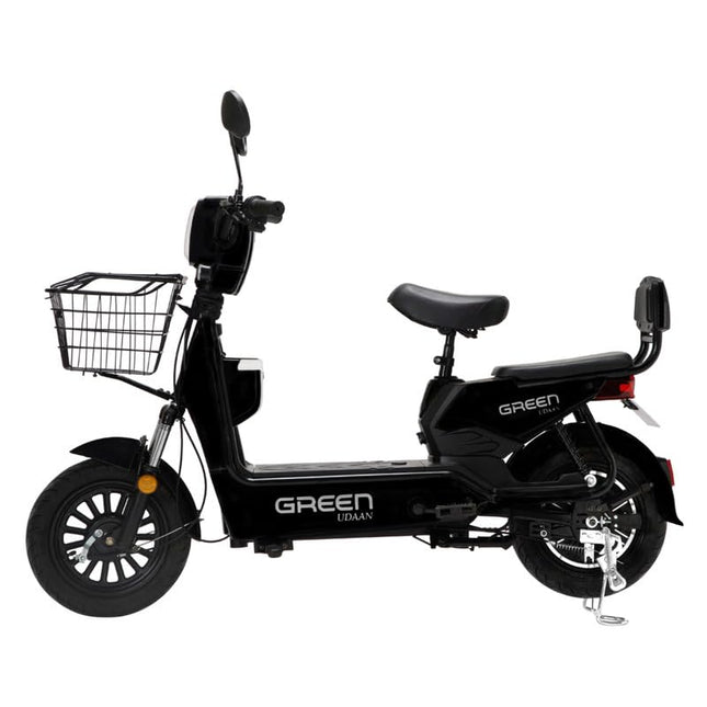 Green Udaan Low Speed Electric Scooter Non RTO 60KM Range Black with Portable Charger 