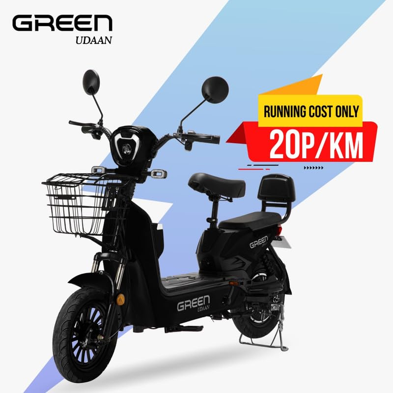 Green Udaan Low Speed Electric Scooter Non RTO 60KM Range Black with Portable Charger 