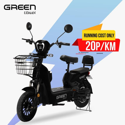 Green Udaan Low Speed Electric Scooter Non RTO 60KM Range Black with Portable Charger 