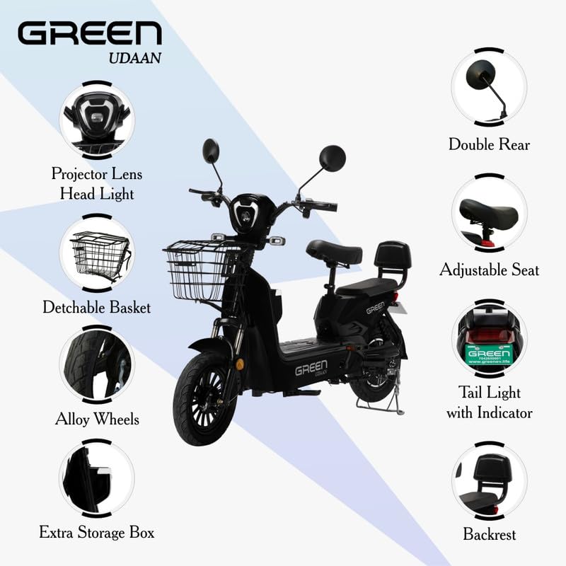 Green Udaan Low Speed Electric Scooter Non RTO 60KM Range Black with Portable Charger 