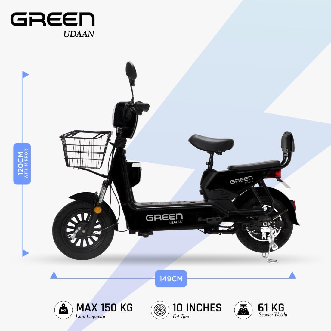 Green Udaan Low Speed Electric Scooter Non RTO 60KM Range Black with Portable Charger 