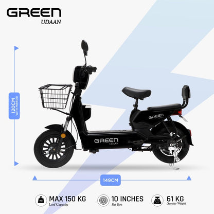 Green Udaan Low Speed Electric Scooter Non RTO 60KM Range Black with Portable Charger 