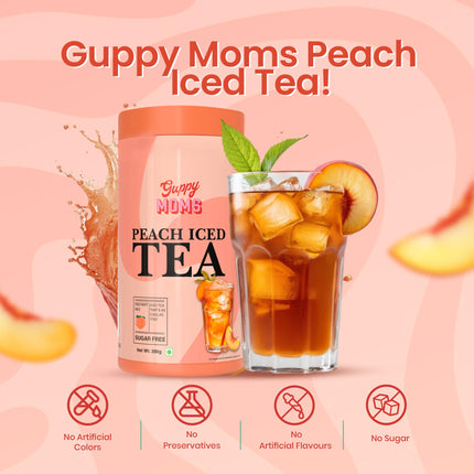 Guppy Moms Sugar-Free Peach Iced Tea Mix | Instant Refreshing Beverage Powder | 200g | Natural Flavor, Low-Calorie, Easy to Make | Perfect Summer Drink! (Upto 20 Servings) 