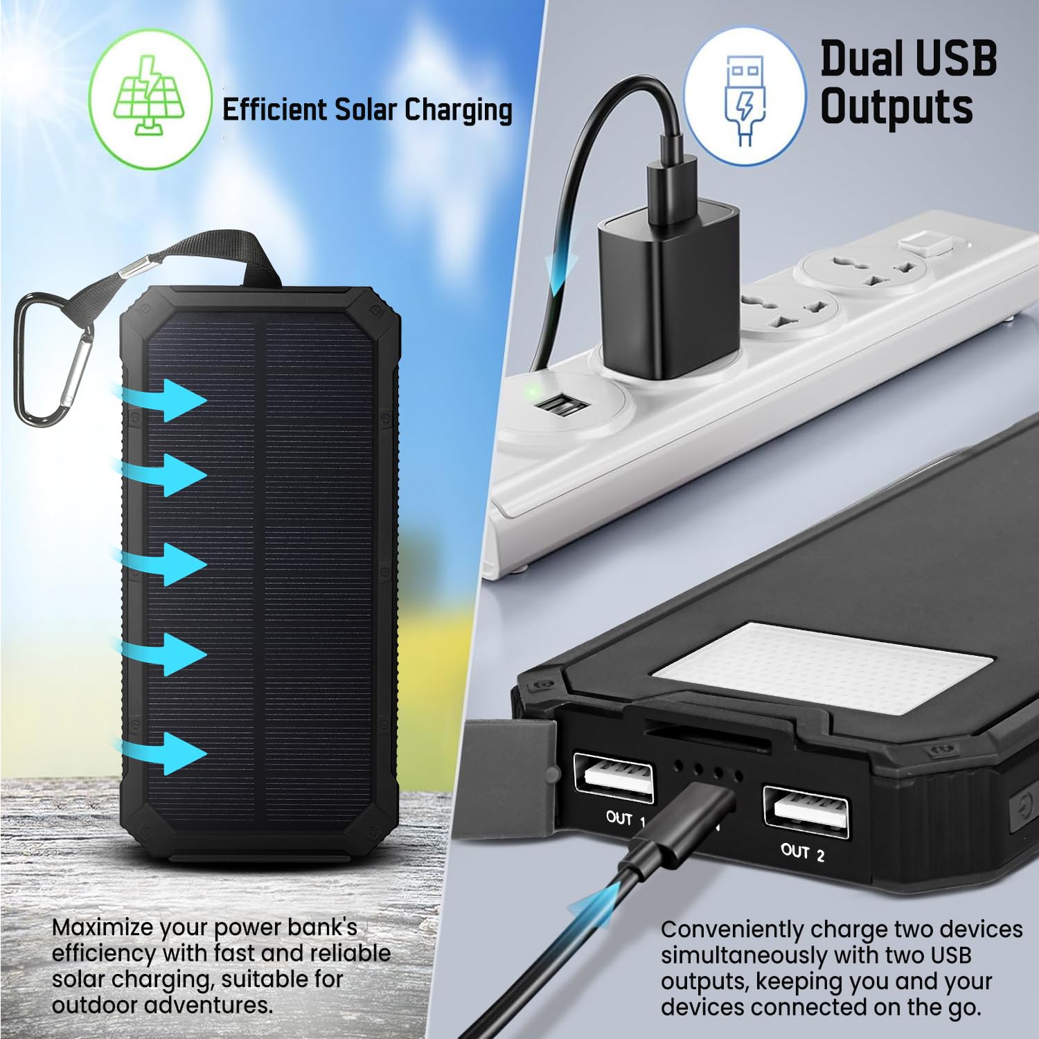 HACER 10000mAh Camping Solar Power Bank Built-in COB Flashlight Portable Charging Device with LED Indicators 2 USB Output Ports & USB-A to Micro-USB Cable for Climbing Hiking and Trekking (1Pc) 