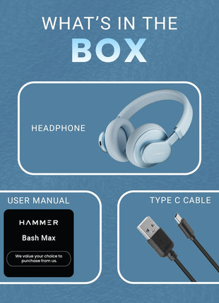 HAMMER Bash Max Over The Ear Wireless Bluetooth Headphones with Mic, Touch Control, Deep Bass, Upto 40 Hours Playtime, Bluetooth 5.3, Workout/Travel (Blue) 