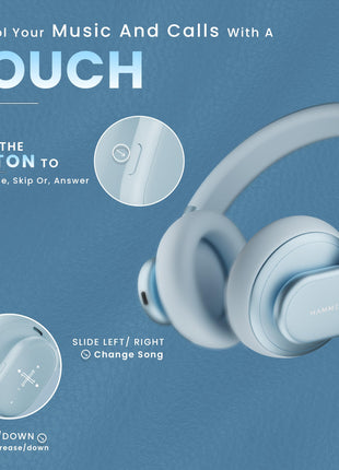 HAMMER Bash Max Over The Ear Wireless Bluetooth Headphones with Mic, Touch Control, Deep Bass, Upto 40 Hours Playtime, Bluetooth 5.3, Workout/Travel (Blue) 