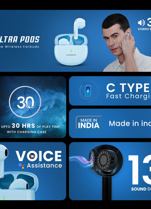 HAMMER New Launch Ultra Pods TWS Wireless Bluetooth Ear buds, Inbuilt Mic, 100H Standby Time, Earbuds with 30H Playtime, USB Type-C,13mm Dynamic Drivers, IPX5 Water Resistant Bluetooth Earphones(Blue) 