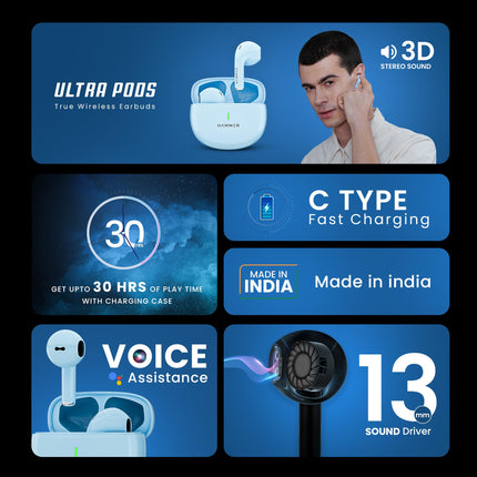 HAMMER New Launch Ultra Pods TWS Wireless Bluetooth Ear buds, Inbuilt Mic, 100H Standby Time, Earbuds with 30H Playtime, USB Type-C,13mm Dynamic Drivers, IPX5 Water Resistant Bluetooth Earphones(Blue) 