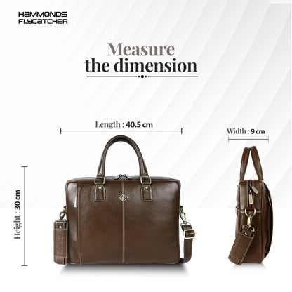 HAMMONDS FLYCATCHER Genuine Leather Office Bag for Men, Laptop Bag for Men, Leather Bag for men for 15.6 Inch Laptop, Adjustable Strap, Multi Compartments, Trolley Strap, 1 Year Warranty - Brushwood 