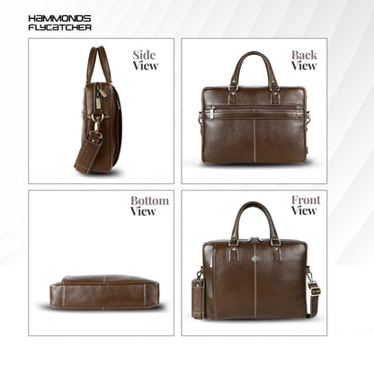 HAMMONDS FLYCATCHER Genuine Leather Office Bag for Men, Laptop Bag for Men, Leather Bag for men for 15.6 Inch Laptop, Adjustable Strap, Multi Compartments, Trolley Strap, 1 Year Warranty - Brushwood 
