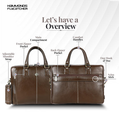 HAMMONDS FLYCATCHER Genuine Leather Office Bag for Men, Laptop Bag for Men, Leather Bag for men for 15.6 Inch Laptop, Adjustable Strap, Multi Compartments, Trolley Strap, 1 Year Warranty - Brushwood 