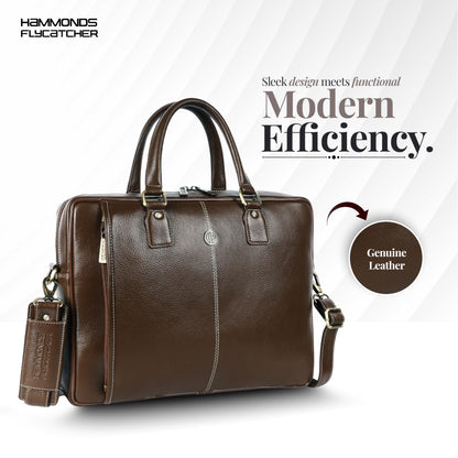 HAMMONDS FLYCATCHER Genuine Leather Office Bag for Men, Laptop Bag for Men, Leather Bag for men for 15.6 Inch Laptop, Adjustable Strap, Multi Compartments, Trolley Strap, 1 Year Warranty - Brushwood 