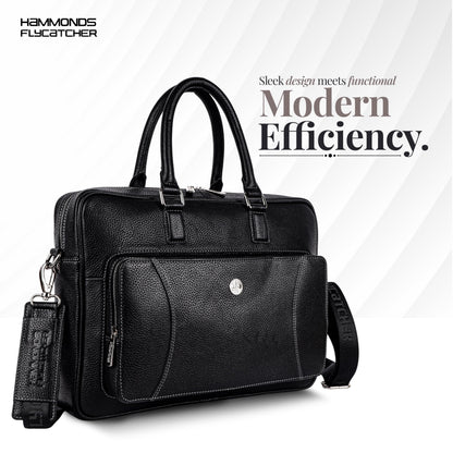 HAMMONDS FLYCATCHER Genuine Leather Laptop Bag for Men - Office Bag - Fits Up to 15.6 Inch Laptop - Laptop Messenger Bags/Leather Bag for Men with Adjustable Shoulder Strap and Trolley Strap - Black 