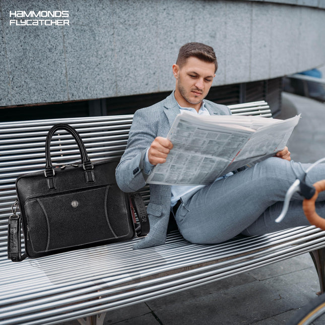 HAMMONDS FLYCATCHER Genuine Leather Laptop Bag for Men - Office Bag - Fits Up to 15.6 Inch Laptop - Laptop Messenger Bags/Leather Bag for Men with Adjustable Shoulder Strap and Trolley Strap - Black 