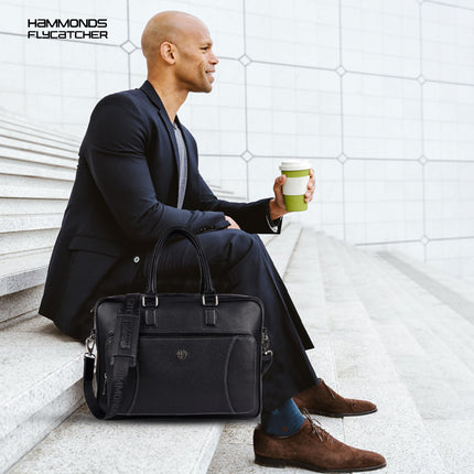 HAMMONDS FLYCATCHER Genuine Leather Laptop Bag for Men - Office Bag - Fits Up to 15.6 Inch Laptop - Laptop Messenger Bags/Leather Bag for Men with Adjustable Shoulder Strap and Trolley Strap - Black 