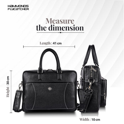 HAMMONDS FLYCATCHER Genuine Leather Laptop Bag for Men - Office Bag - Fits Up to 15.6 Inch Laptop - Laptop Messenger Bags/Leather Bag for Men with Adjustable Shoulder Strap and Trolley Strap - Black 
