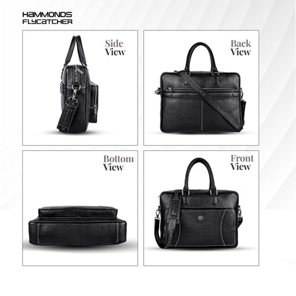 HAMMONDS FLYCATCHER Genuine Leather Laptop Bag for Men - Office Bag - Fits Up to 15.6 Inch Laptop - Laptop Messenger Bags/Leather Bag for Men with Adjustable Shoulder Strap and Trolley Strap - Black 