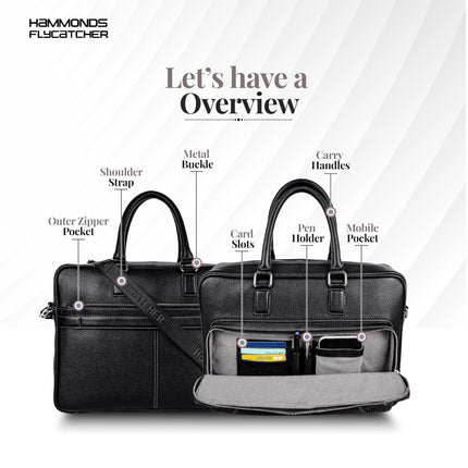 HAMMONDS FLYCATCHER Genuine Leather Laptop Bag for Men - Office Bag - Fits Up to 15.6 Inch Laptop - Laptop Messenger Bags/Leather Bag for Men with Adjustable Shoulder Strap and Trolley Strap - Black 