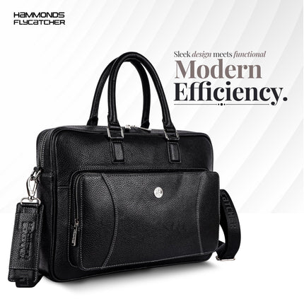 HAMMONDS FLYCATCHER Genuine Leather Laptop Bag for Men - Office Bag - Fits Up to 15.6 Inch Laptop - Laptop Messenger Bags/Leather Bag for Men with Adjustable Shoulder Strap and Trolley Strap - Black 