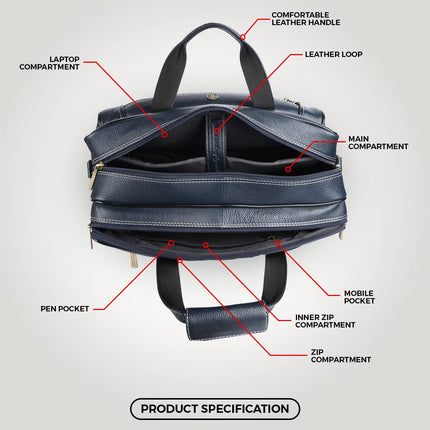 HAMMONDS FLYCATCHER Genuine Leather Office Bag for Men - 15.6 Inch Laptop Bag for Men - Leather Bag for Men, Padded Laptop Compartment, Trolley Strap, Adjustable Strap, 1 Year Warranty - Royal Blue 