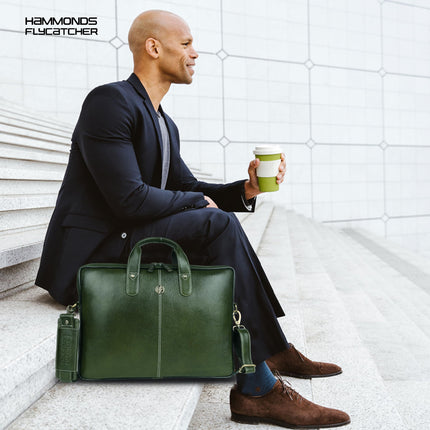 HAMMONDS FLYCATCHER Genuine Leather Office Bag for Men - 15.6 Inch Laptop Bag for Men, Professional Leather Bag for Men - Adjustable Straps and Multiple Compartments - 1 Year Warranty - Olive Green 