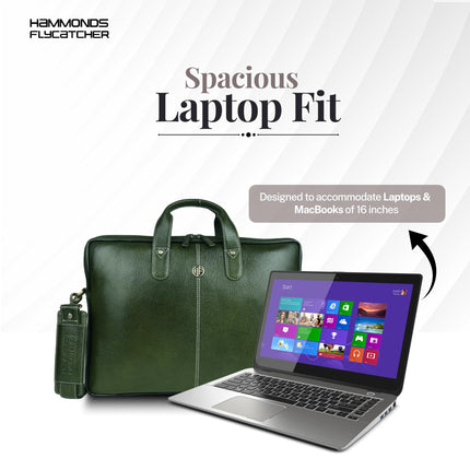 HAMMONDS FLYCATCHER Genuine Leather Office Bag for Men - 15.6 Inch Laptop Bag for Men, Professional Leather Bag for Men - Adjustable Straps and Multiple Compartments - 1 Year Warranty - Olive Green 