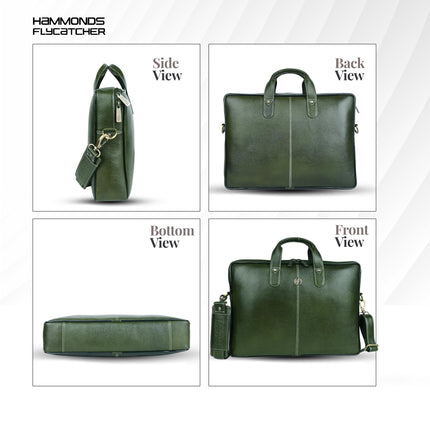 HAMMONDS FLYCATCHER Genuine Leather Office Bag for Men - 15.6 Inch Laptop Bag for Men, Professional Leather Bag for Men - Adjustable Straps and Multiple Compartments - 1 Year Warranty - Olive Green 
