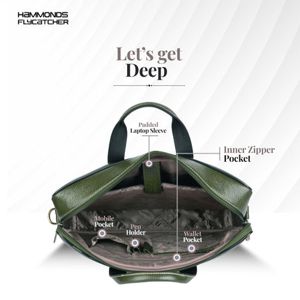HAMMONDS FLYCATCHER Genuine Leather Office Bag for Men - 15.6 Inch Laptop Bag for Men, Professional Leather Bag for Men - Adjustable Straps and Multiple Compartments - 1 Year Warranty - Olive Green 