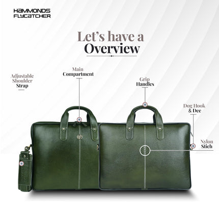 HAMMONDS FLYCATCHER Genuine Leather Office Bag for Men - 15.6 Inch Laptop Bag for Men, Professional Leather Bag for Men - Adjustable Straps and Multiple Compartments - 1 Year Warranty - Olive Green 