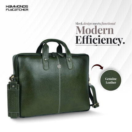 HAMMONDS FLYCATCHER Genuine Leather Office Bag for Men - 15.6 Inch Laptop Bag for Men, Professional Leather Bag for Men - Adjustable Straps and Multiple Compartments - 1 Year Warranty - Olive Green 