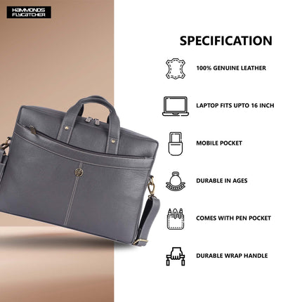 HAMMONDS FLYCATCHER Genuine Leather Office Bag for Men, 15.6 Inch Professional Laptop Bag for Men, Adjustable Strap and Multiple Compartments, Leather Bag for Men - 1 Year Warranty - Graphite Grey 