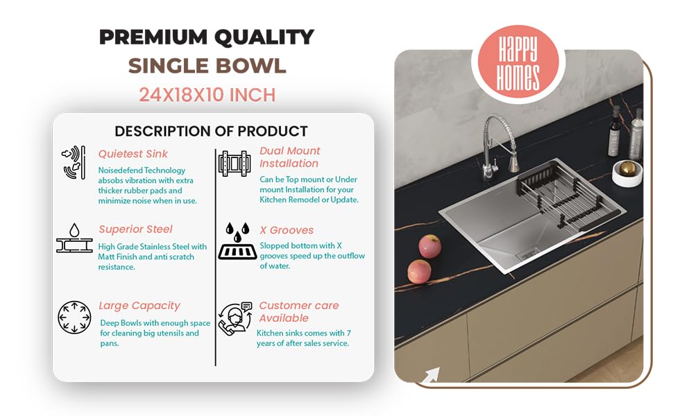 HAPPY HOMES Modular Kitchen Sink (24X18X10 Inch), Matte Satin Finish 304 Grade Stainless Steel with Nanocoated Undercoating |Square Coupling and Metal Fruit Basket | 7 Years Warranty| 