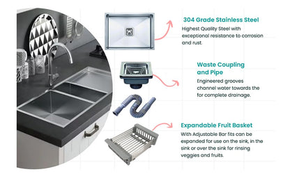HAPPY HOMES Modular Kitchen Sink (24X18X10 Inch), Matte Satin Finish 304 Grade Stainless Steel with Nanocoated Undercoating |Square Coupling and Metal Fruit Basket | 7 Years Warranty| 