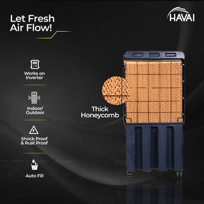HAVAI Thunder-75 Air Cooler | 70L Tank Capacity, 150W Power, 250 Sq. Ft. Area Coverage | 15 Ft. Air Throw, Auto Louver Movement, 3-Speed Control, 3-Way Air Delivery | Powerful Cooling 