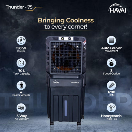 HAVAI Thunder-75 Air Cooler | 70L Tank Capacity, 150W Power, 250 Sq. Ft. Area Coverage | 15 Ft. Air Throw, Auto Louver Movement, 3-Speed Control, 3-Way Air Delivery | Powerful Cooling 