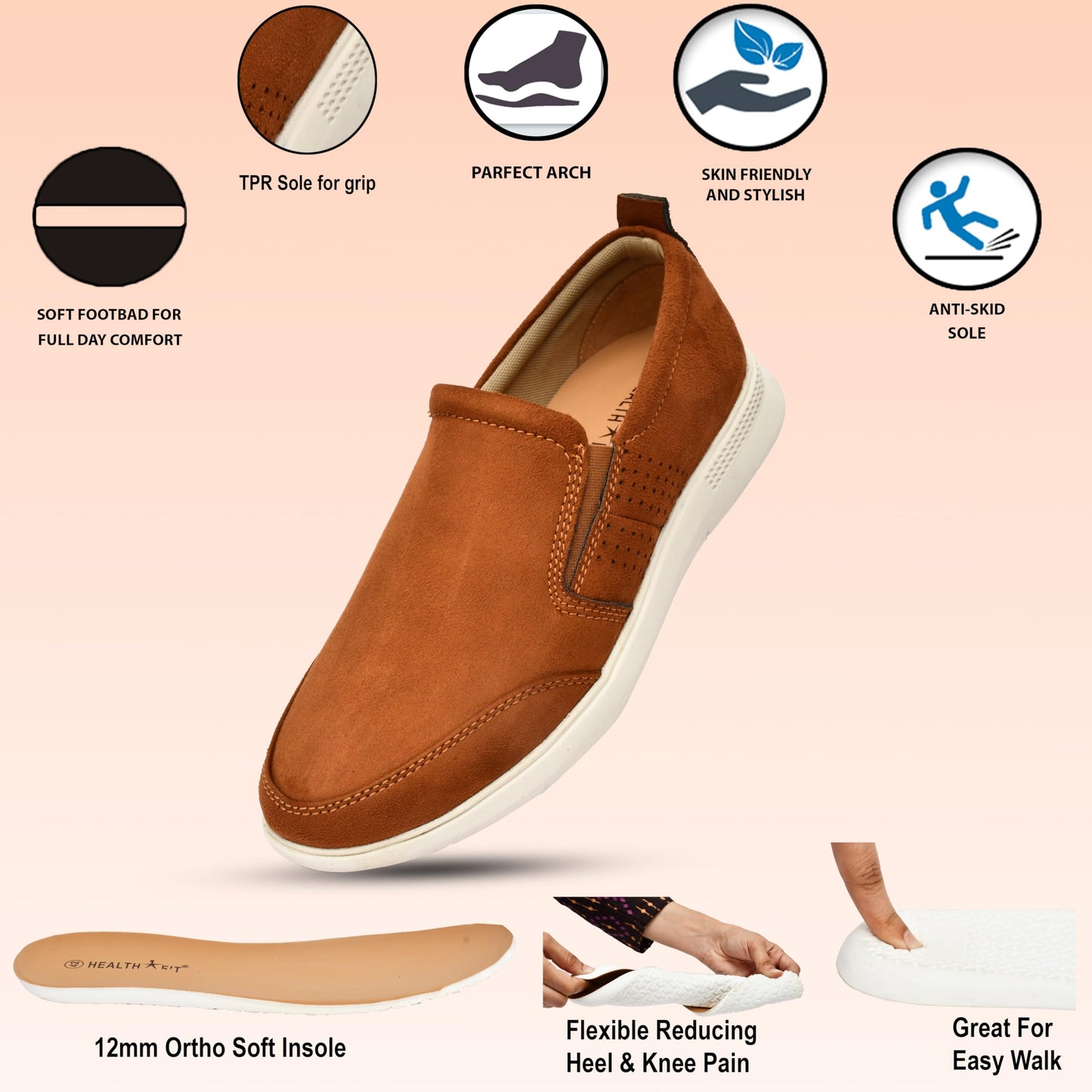 HEALTH FIT Super Extra Soft Casual/Sports/Slip-on Sneakers/semi Formal Soft Cushioning Insole Running Walking Jogging Athletics Comfortable and Stylish Mens/gens Lightweight shoes-142 TAN UK-9 