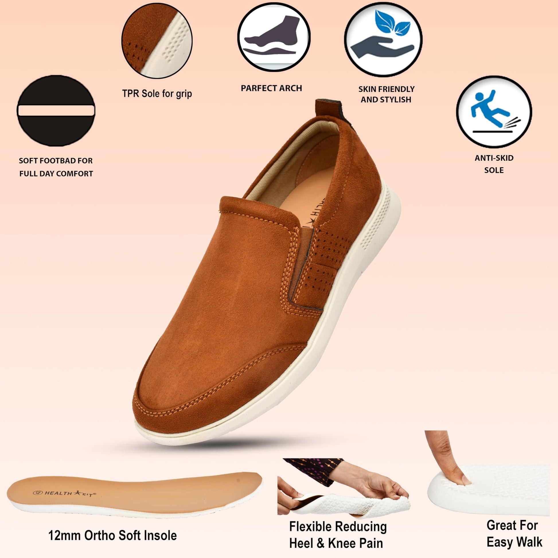HEALTH FIT Super Extra Soft Casual/Sports/Slip-on Sneakers/semi Formal Soft Cushioning Insole Running Walking Jogging Athletics Comfortable and Stylish Mens/gens Lightweight shoes-142 TAN UK-9 
