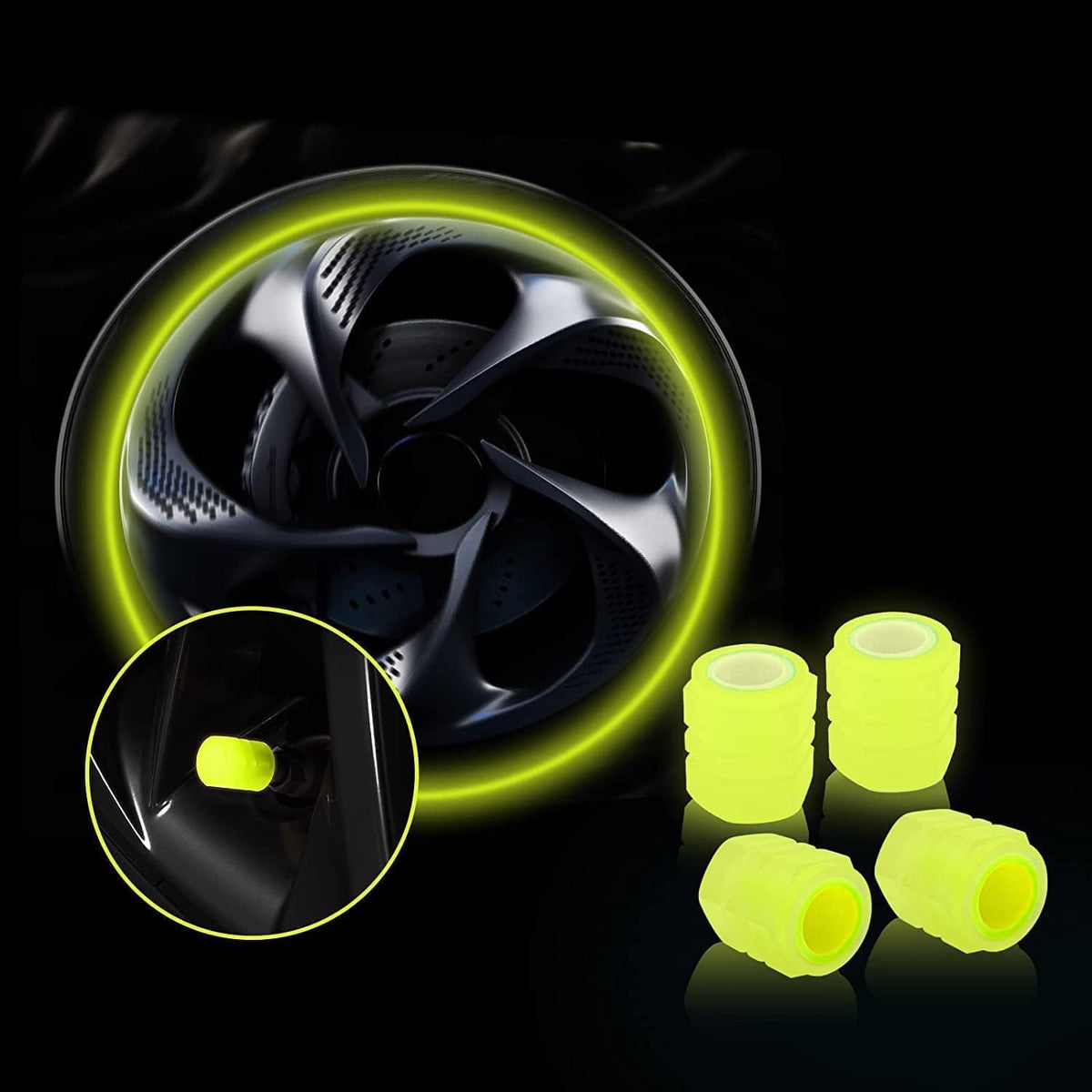 HEJISUN Car/Bike Wheel Tire Rim Air Valve Cap Radium Tyre Air Caps Cover Glow Radium Light Resistant Tire Pressure Caps, Universal for Car, Truck, Motorcycles, Bike (4pcs, Yellow) 