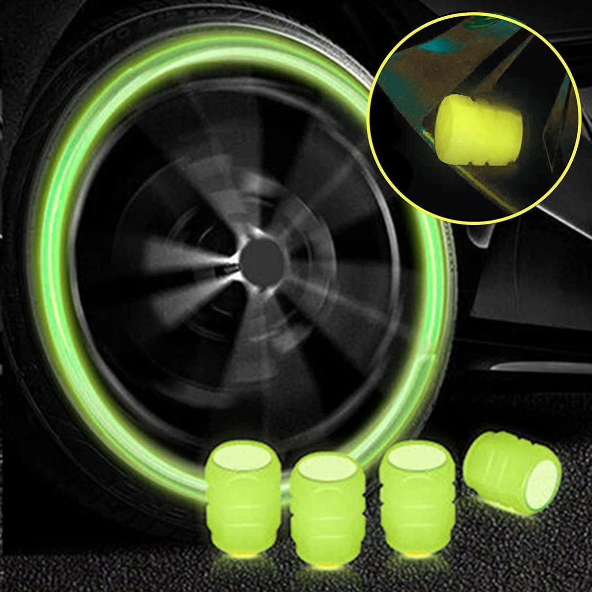 HEJISUN Car/Bike Wheel Tire Rim Air Valve Cap Radium Tyre Air Caps Cover Glow Radium Light Resistant Tire Pressure Caps, Universal for Car, Truck, Motorcycles, Bike (4pcs, Yellow) 