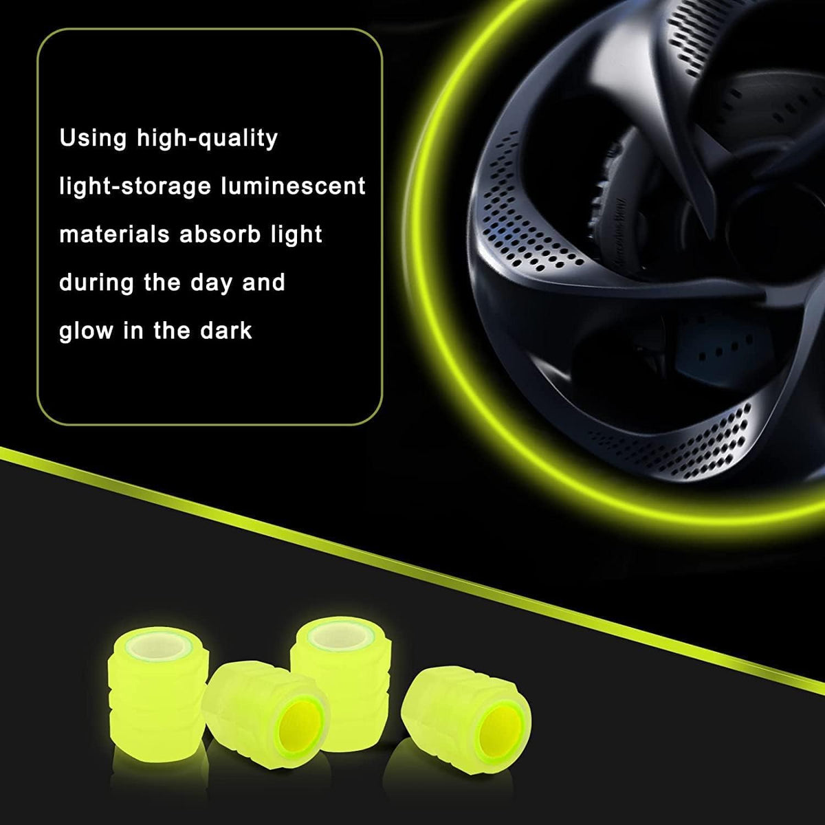 HEJISUN Car/Bike Wheel Tire Rim Air Valve Cap Radium Tyre Air Caps Cover Glow Radium Light Resistant Tire Pressure Caps, Universal for Car, Truck, Motorcycles, Bike (4pcs, Yellow) 